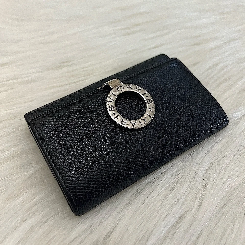 BVLGARI - BLACK SILVER TEXTURED LEATHER COMPACT KEY HOLDER CASE WALLET